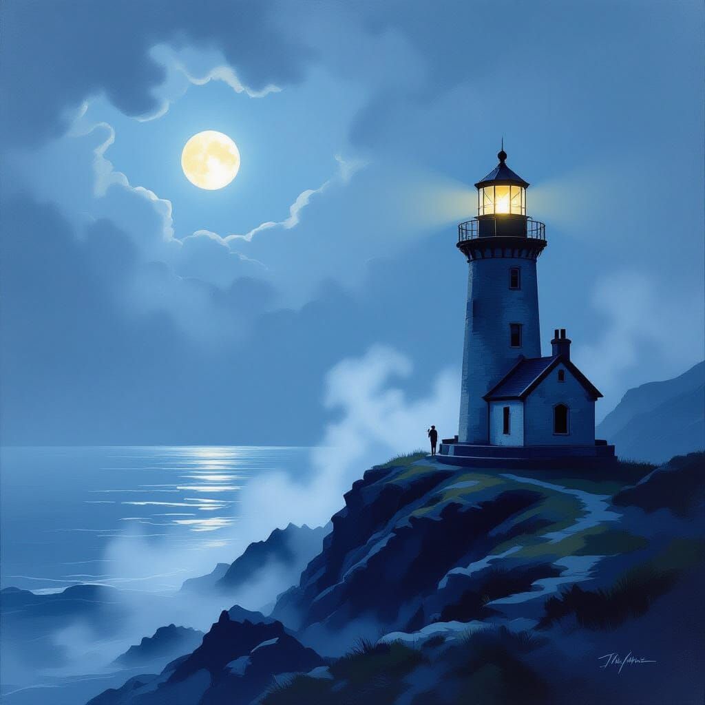 Lighthouse Keeper in Moonlit Night Seascapes Style
