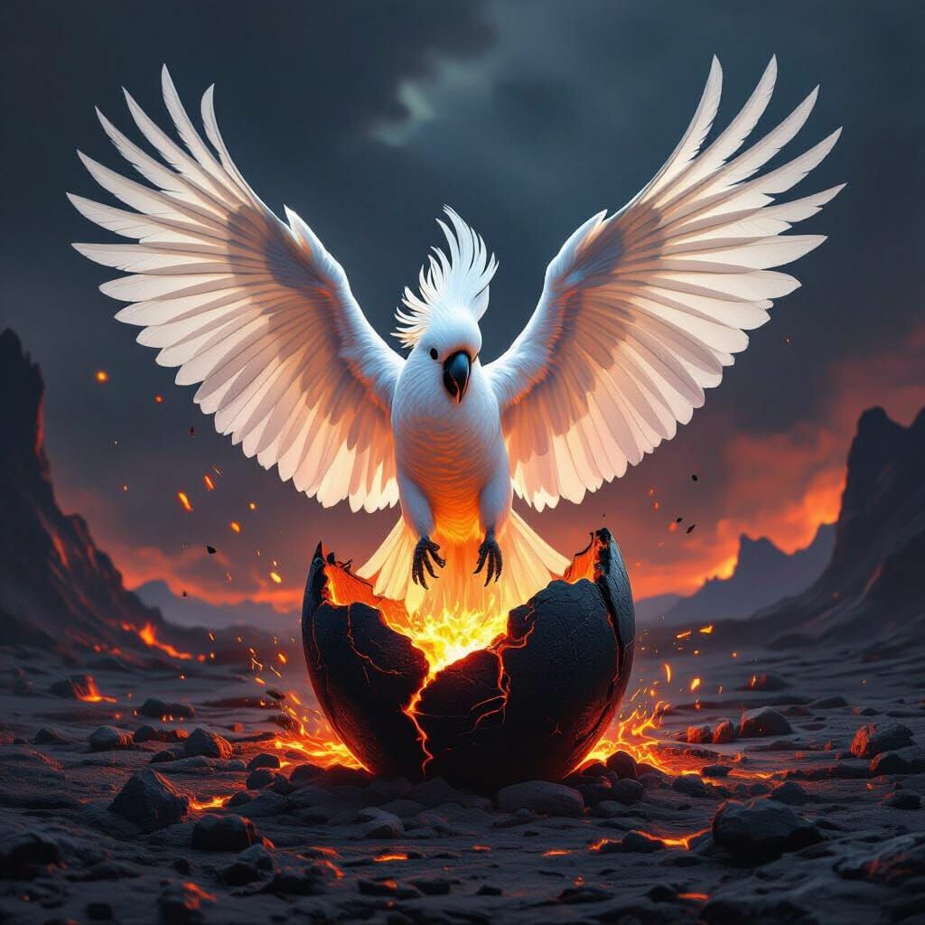 White Cockatoo Hatches from Obsidian Egg in Volcanic Fantasy...