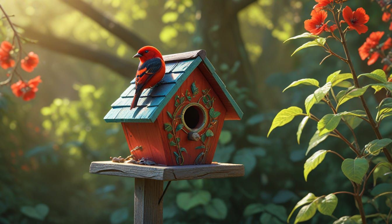 Hyperrealistic Scarlet Tanager on Whimsical Birdhouse