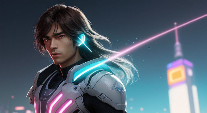Handsome Youth in Futuristic Cityscape Anime Style