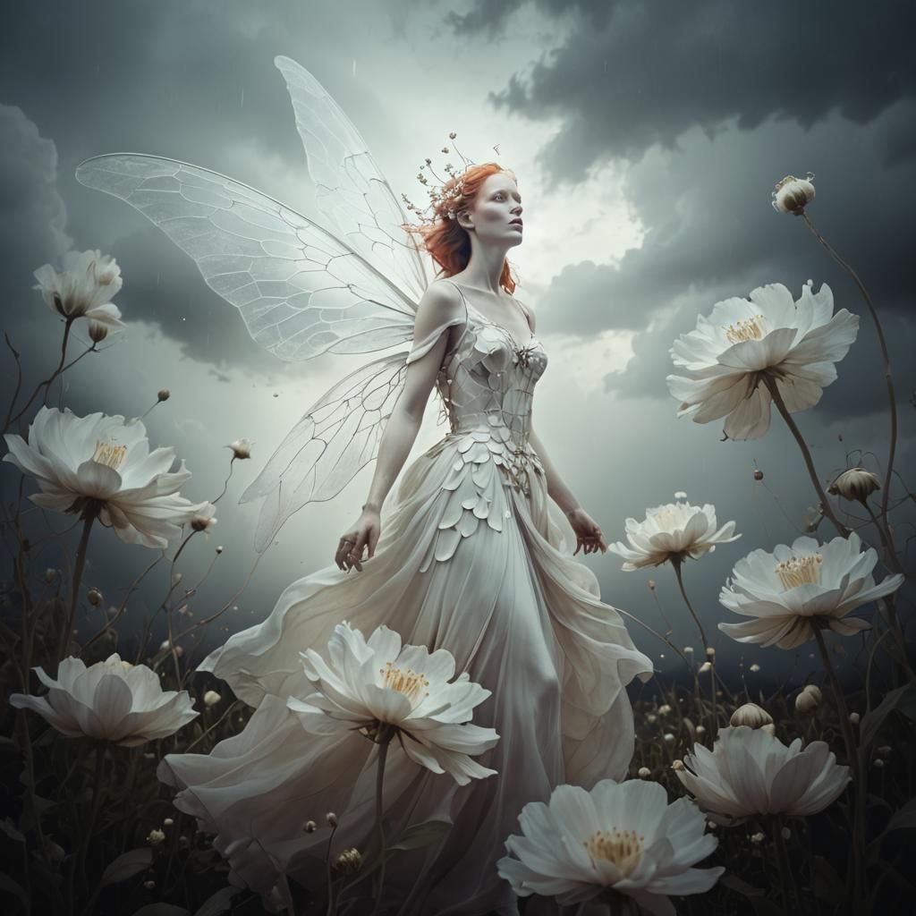Ethereal Fairy in Surrealist Dreamscape, Chiaroscuro Lightin...