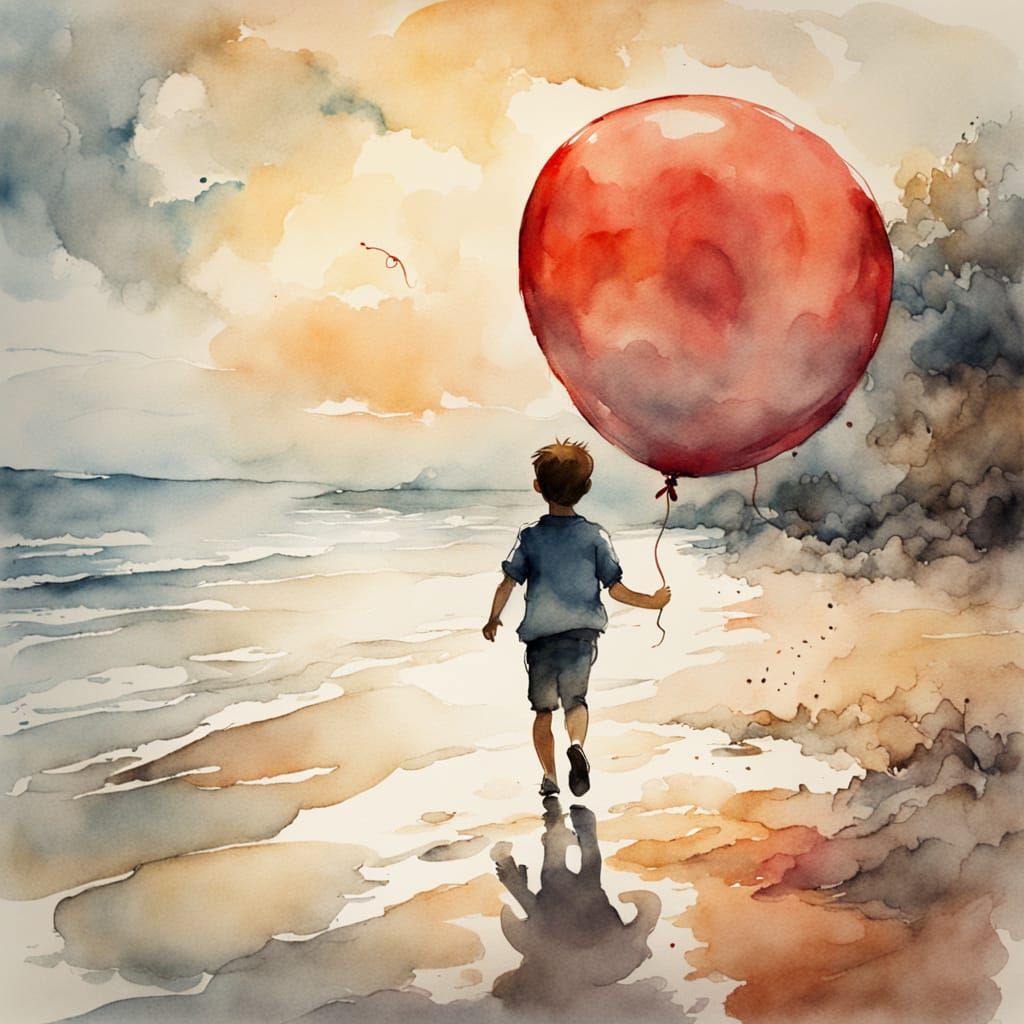 Watercolor Boy and Red Balloon on Beach
