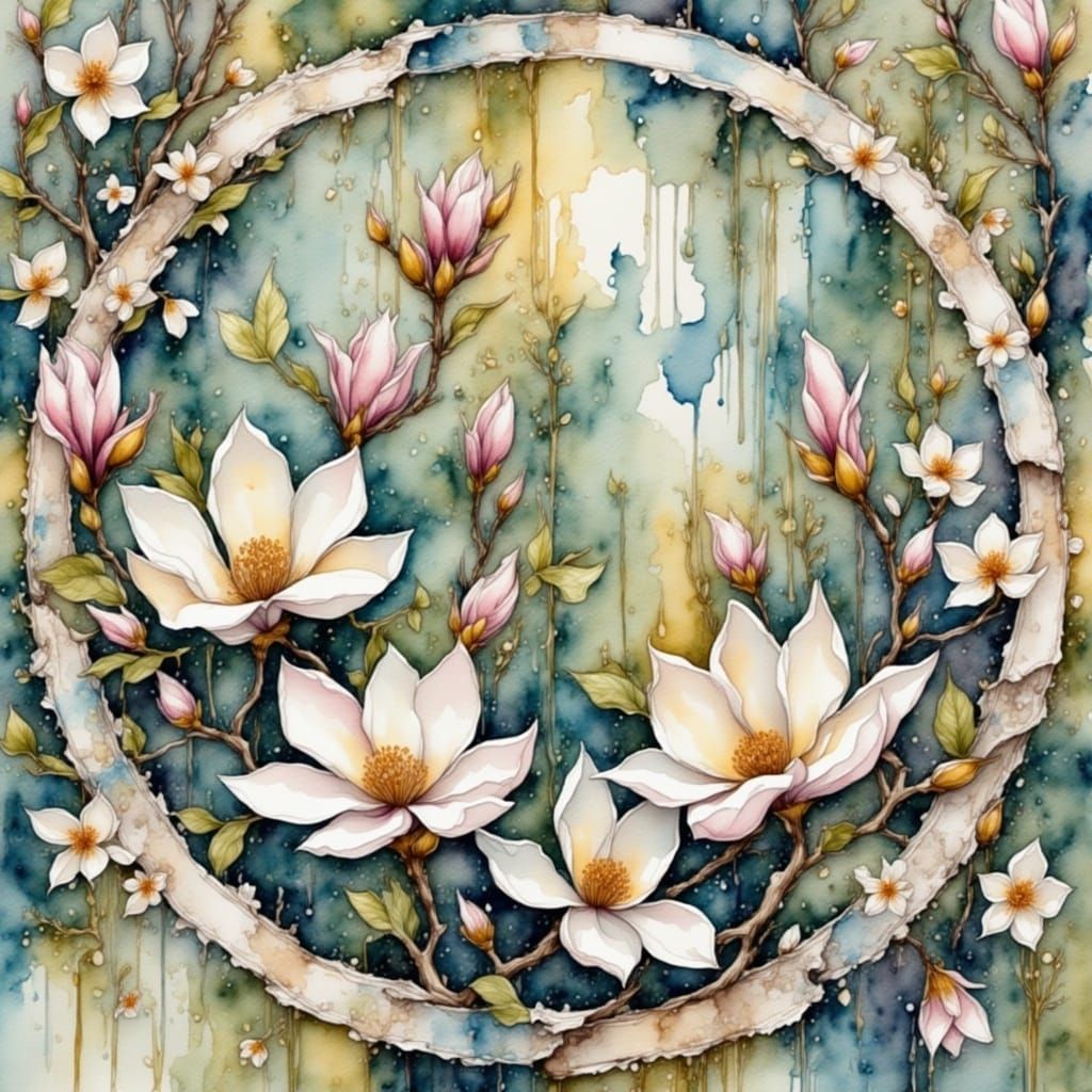 Whimsical Post-Impressionist Magnolias in Vibrant Circular F...