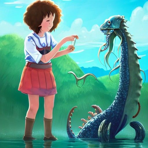 Girl and Sea Monster in Miyazaki Style