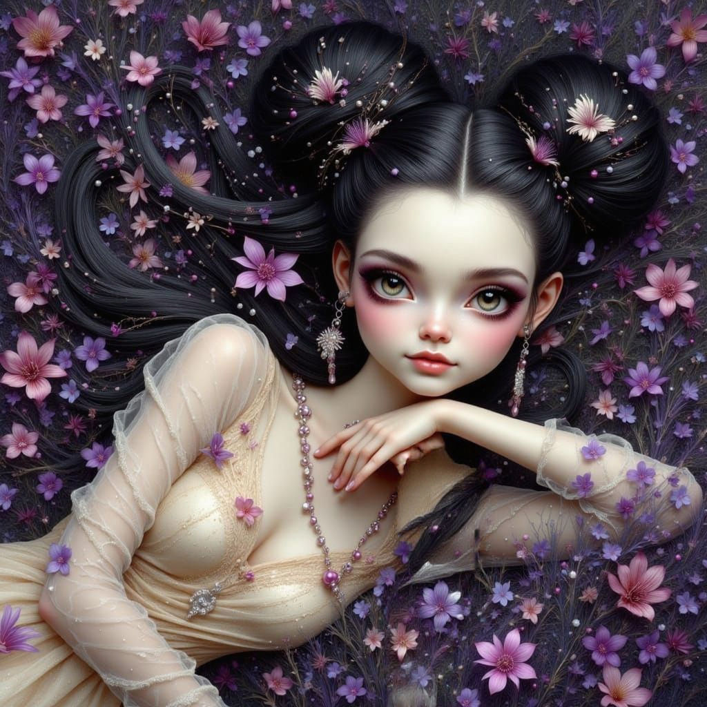 Tim Burton Style Woman with Violets