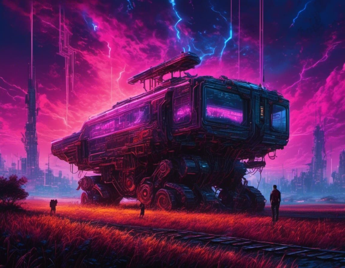 Cyberpunk Farm with Neon Drones in Synthwave Style
