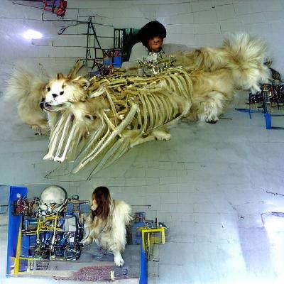 Electrified Dog Skeleton with Human Skull