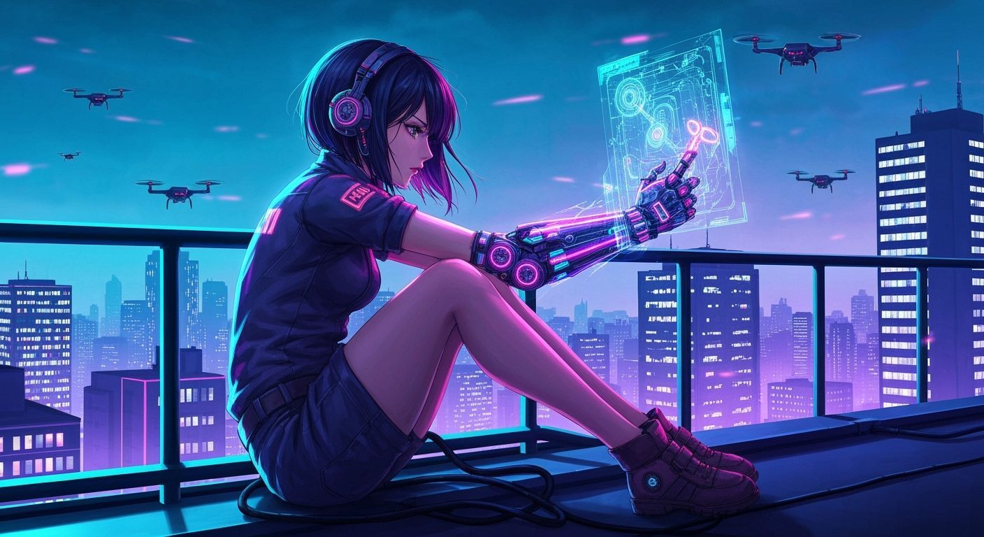 Anime cyberpunk engineer girl sitting on a rooftop, holding ...
