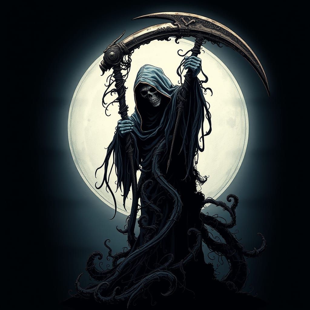 Sinister Reaper Emerges from Fractal Shadows in Dark Cyberpu...