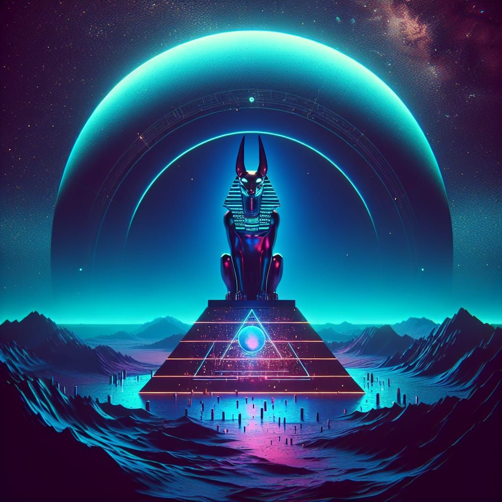 Anubis on Dark Pyramid in Sci-Fi Synthwave Style