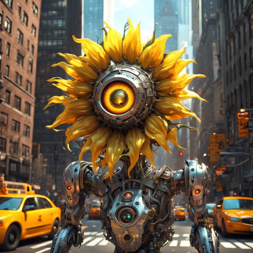 Cyberpunk Robotic Sunflower Walks Through Manhattan