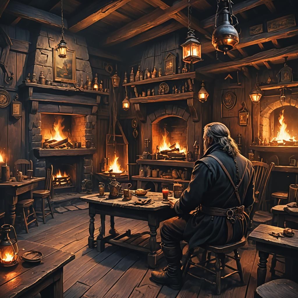 Lone Figure in a Fantastical Tavern Interior
