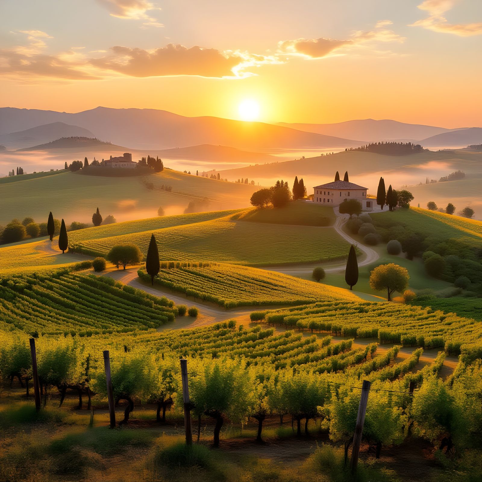 Tuscan Hills Landscape in Golden Hour Alcohol Ink