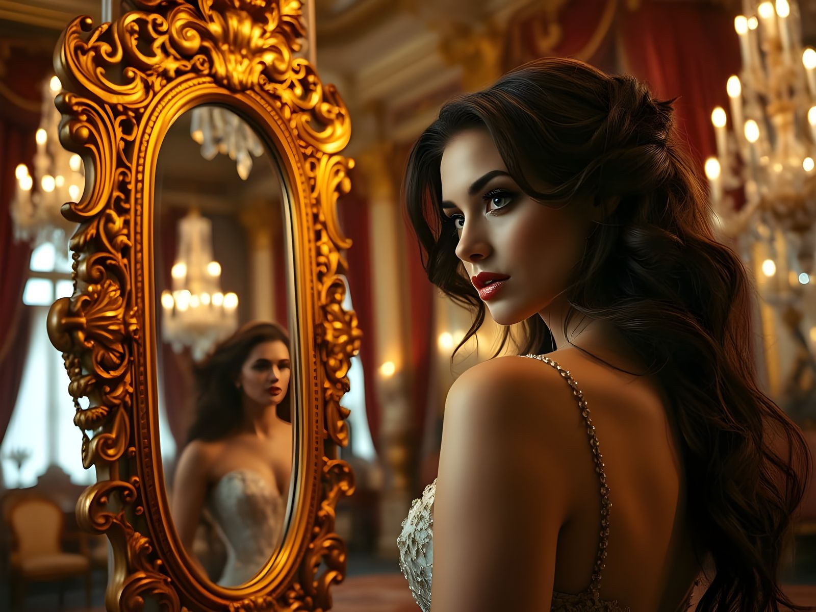 Gorgeous Woman Admires Herself in Elegant, Intricately Detai...