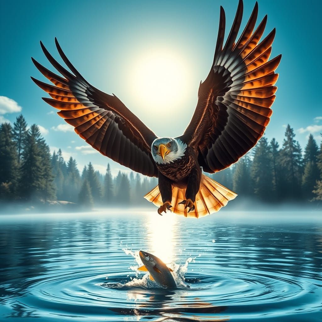 Eagle in Flight About to Snatch Fish