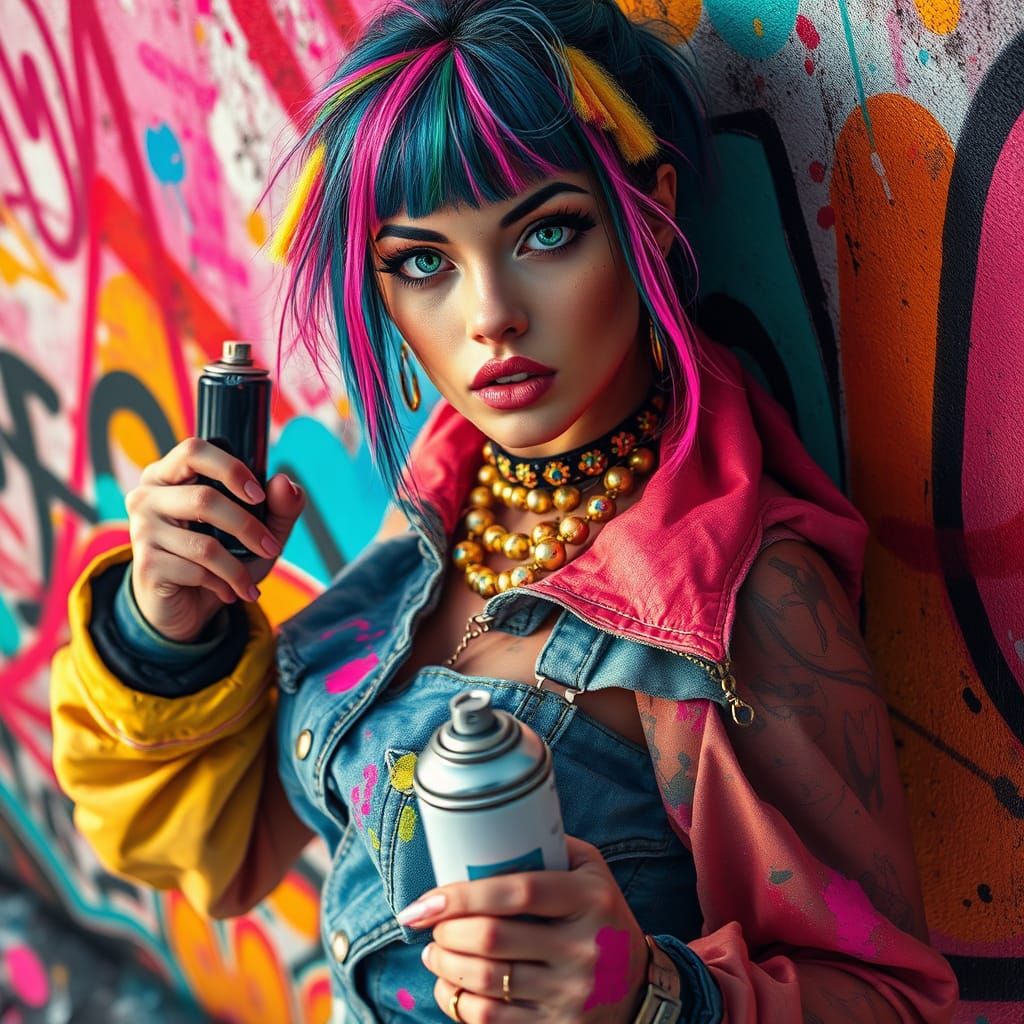 Dynamic Graffiti Artist Woman in Urban Palette