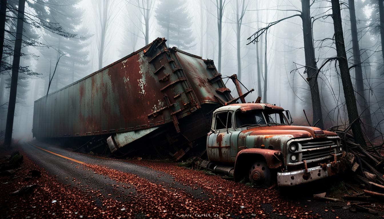 Silent Hill Horror: Overturned Truck in Dark Forest