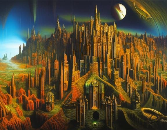 Detailed Gothic Castle in Surreal Landscape as Oil Painting