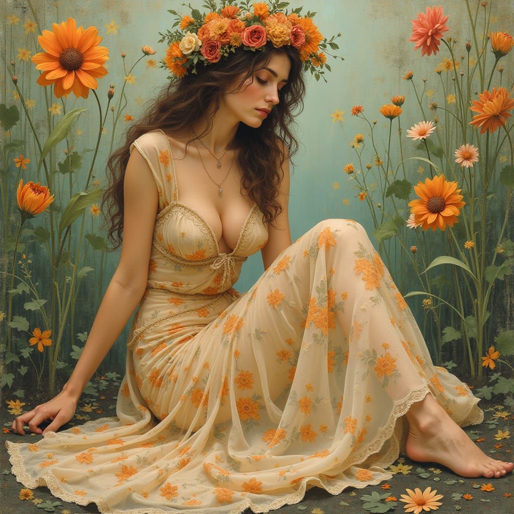 Ethereal Woman in Floral Art Nouveau Style