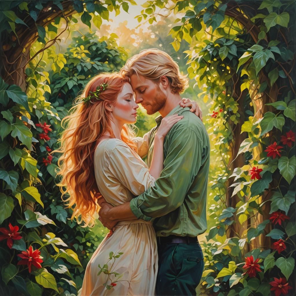 Romantic Couple Embracing in Lush Garden Oil Painting