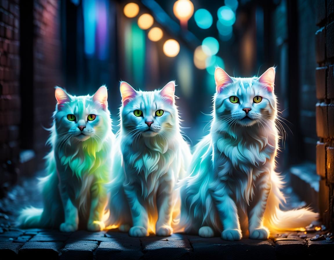 Ethereal Ghost Cats in Dark Alley: Hyperrealistic