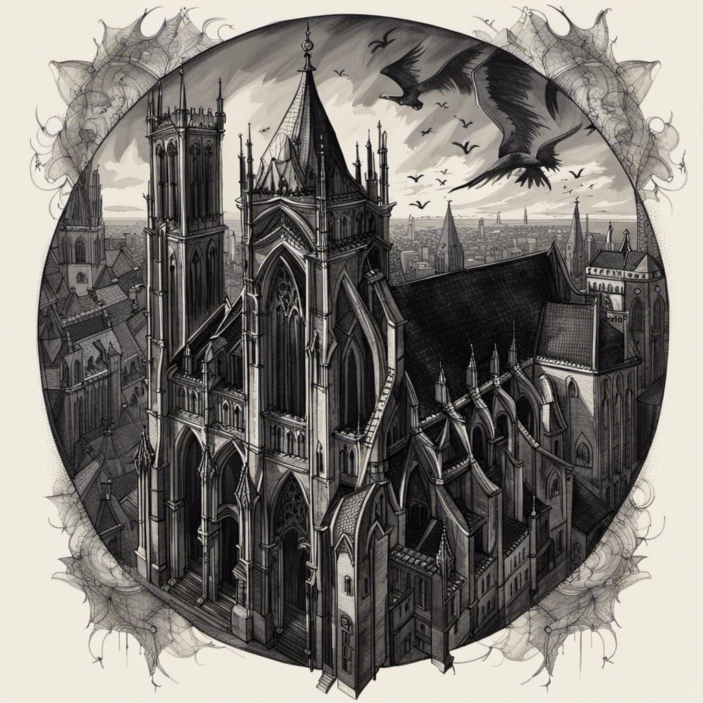 Gothic Cathedral with Gargoyles in Monochrome
