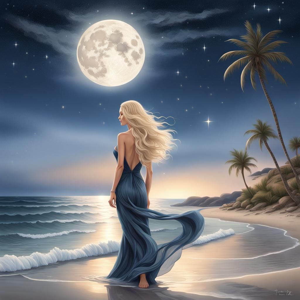 Hyperrealistic Woman Emerges from Ocean at Night
