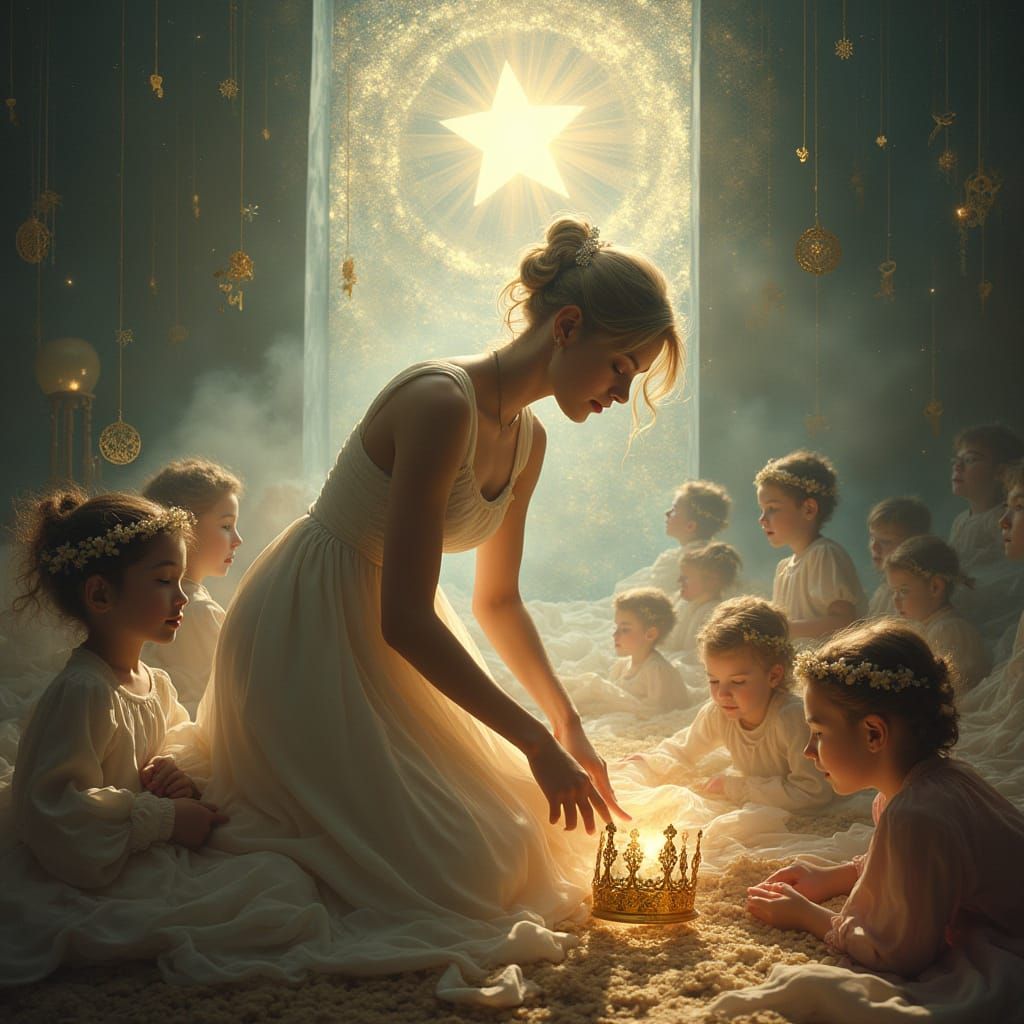 Mother Picking Up Crown Amidst Calming Chaos