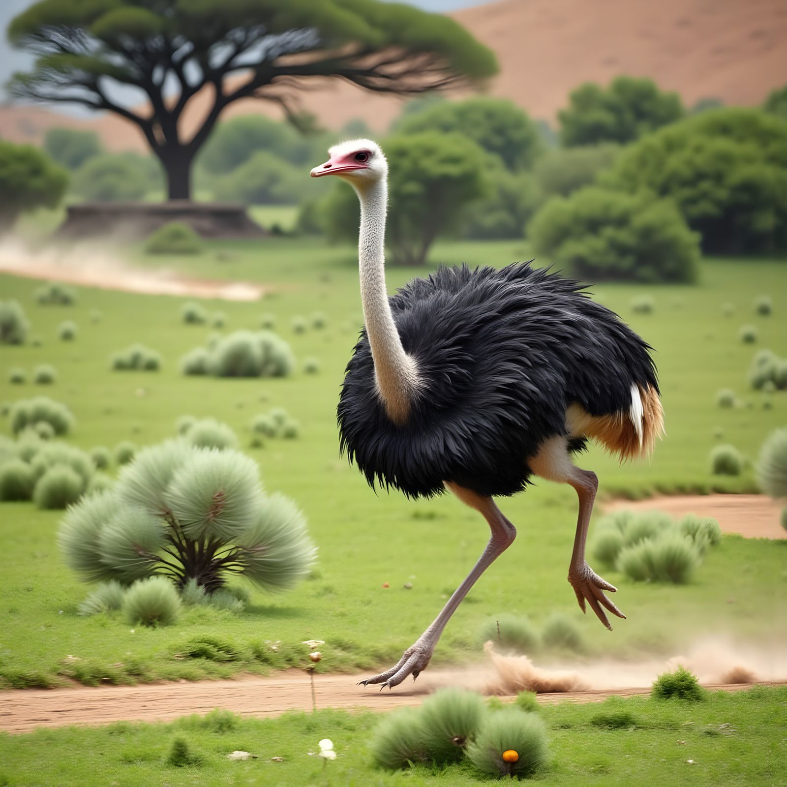 Two Ostrich Racing in Wild African Savannah