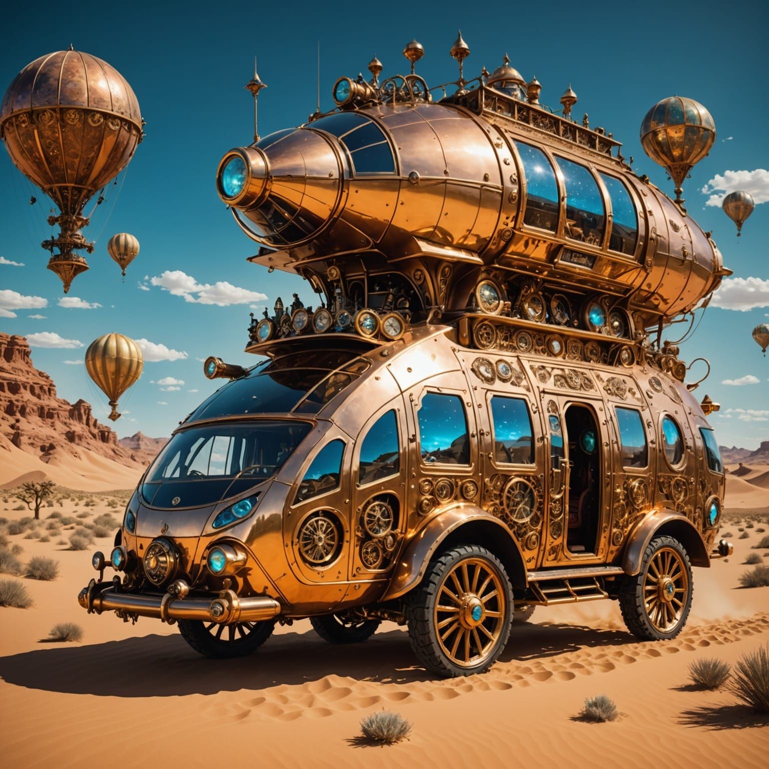 Steampunk Caravan in Solarpunk Desert, Hyperrealistic Style