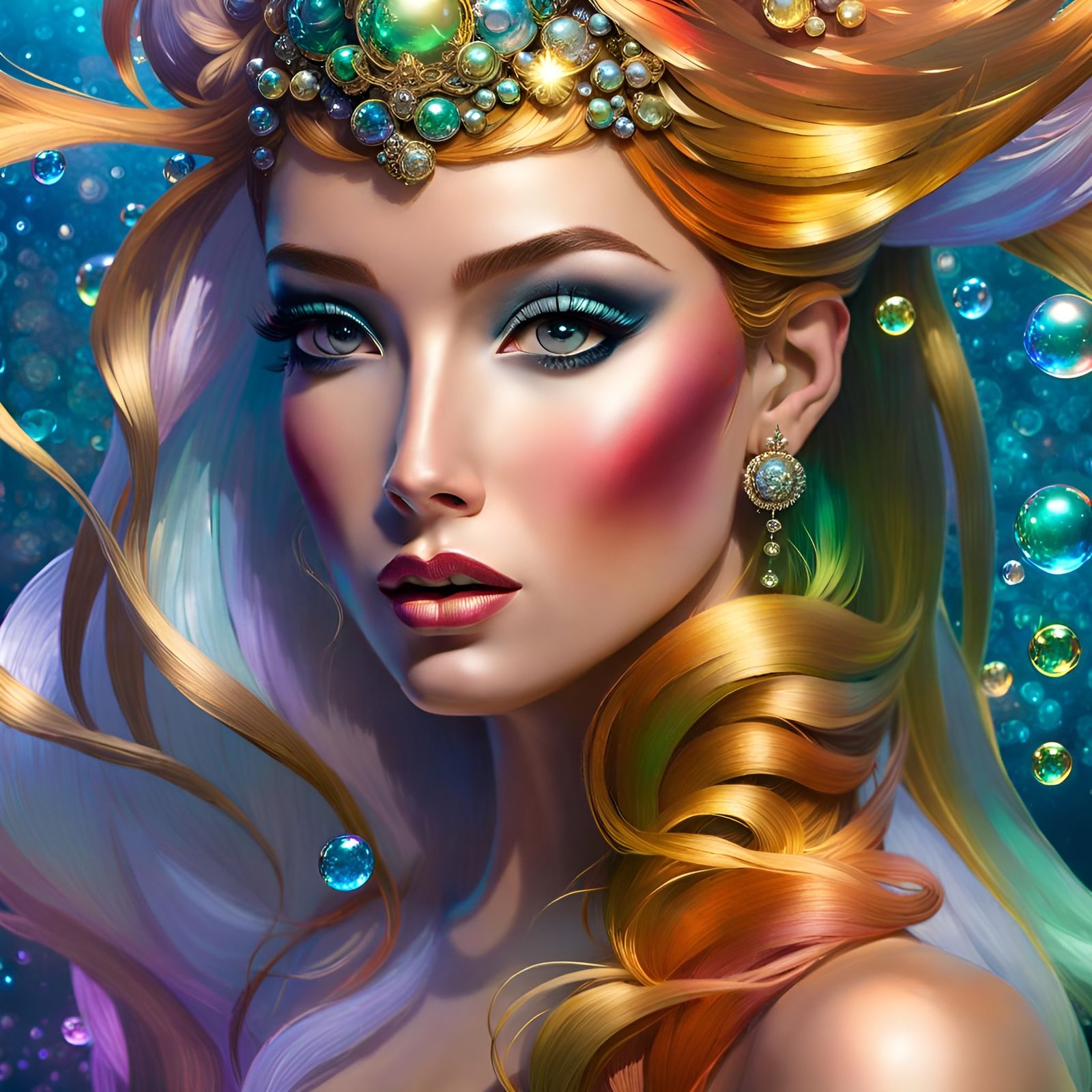 Diva Mermaid Surrounded by Iridescent Bubbles