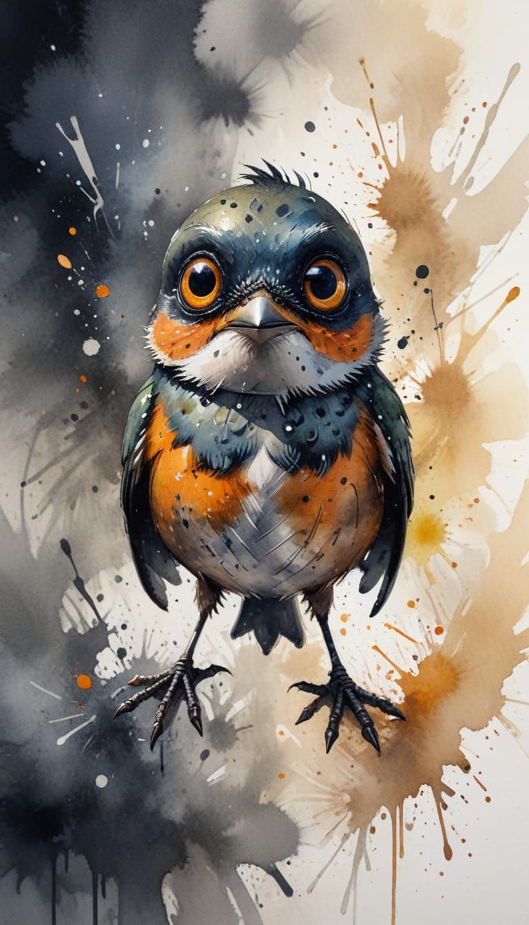Proud Anthropomorphic Robin in Ink Splatter Style
