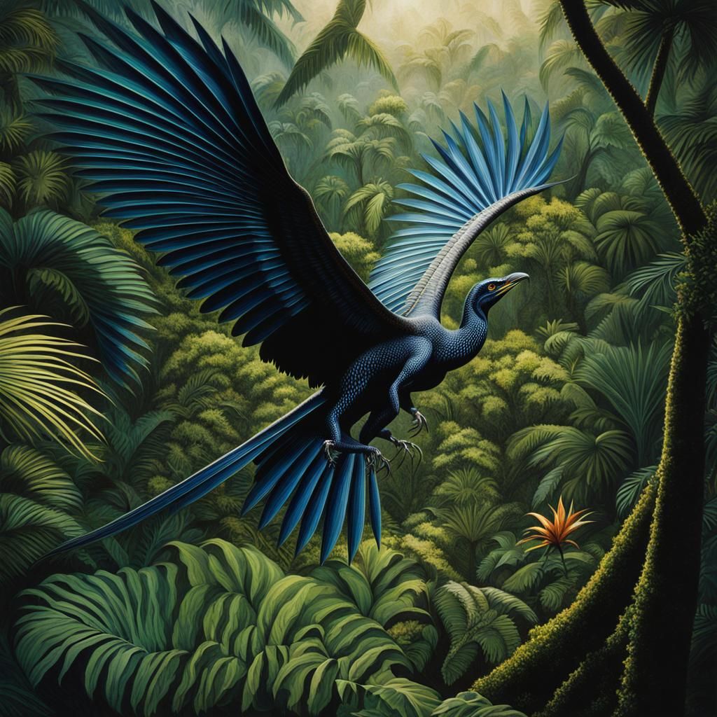 Microraptor Dinosaur in Jungle, Erte Style