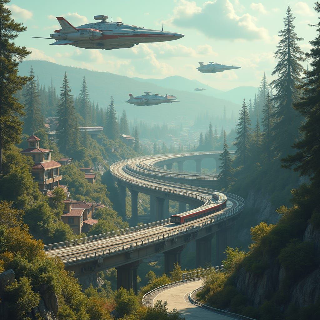 Futuristic Cityscape with Monorail and Flying Transports