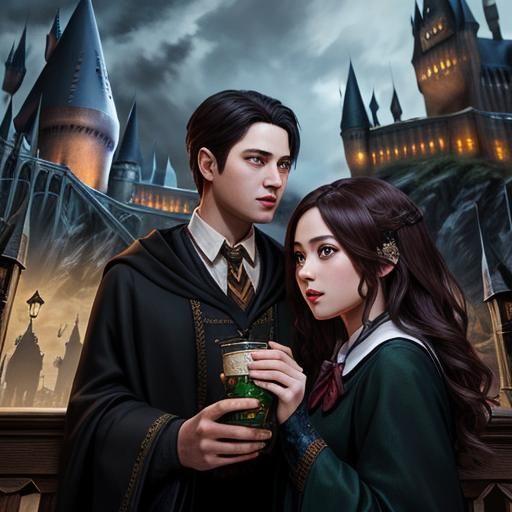 Couple at Hogwarts in Hyperrealistic Splash Art