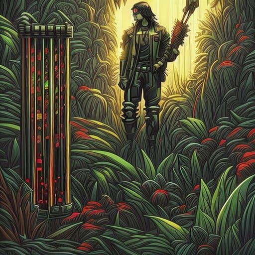 Cyberpunk Gardener Holding Plant, Comic Book Art