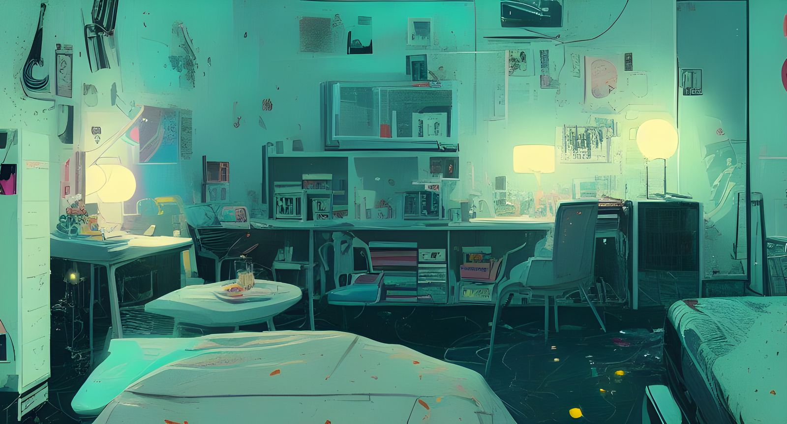 90s Bedroom Interior with Neon Lights as Digital Art