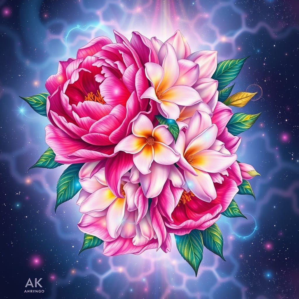 Ethereal Cosmic Peony Bouquet in Vibrant Hues