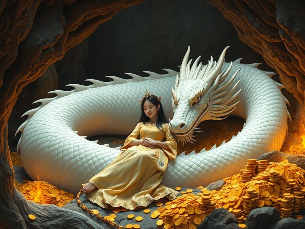 Elf Maiden Sleeps Beside Dragon in Treasure Cave