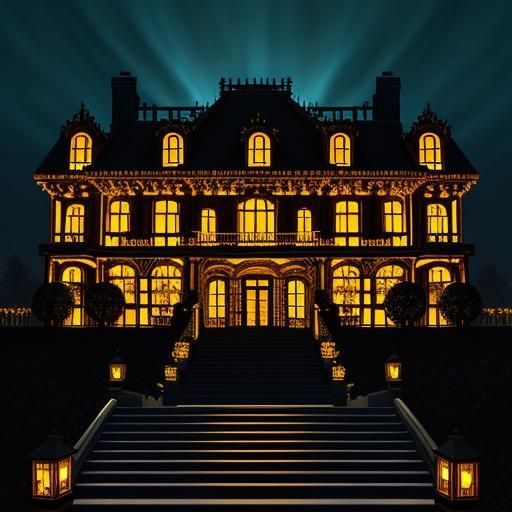 Illuminated Golden Mansion on a Hill, Hyperdetailed