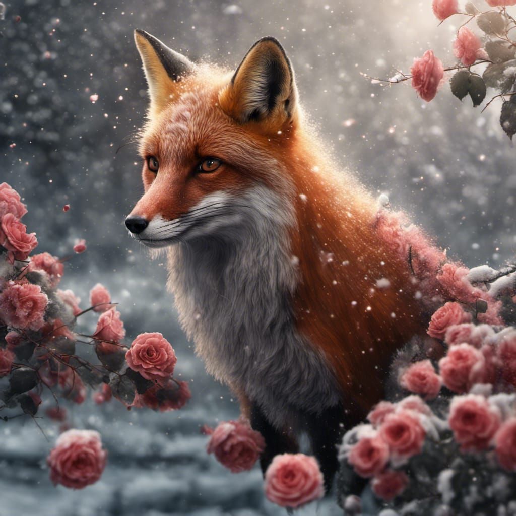 Fox in Snowstorm Among Roses: Detailed Fantasy Art