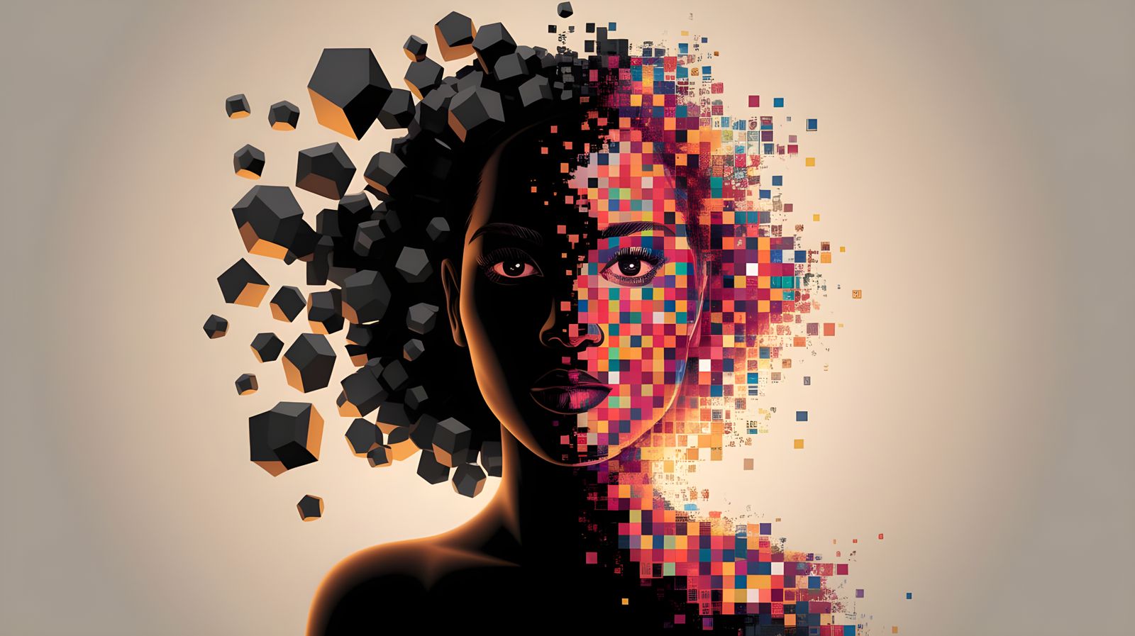 Digital Art Illustration of Woman's Face Emerging from 3D Sh...