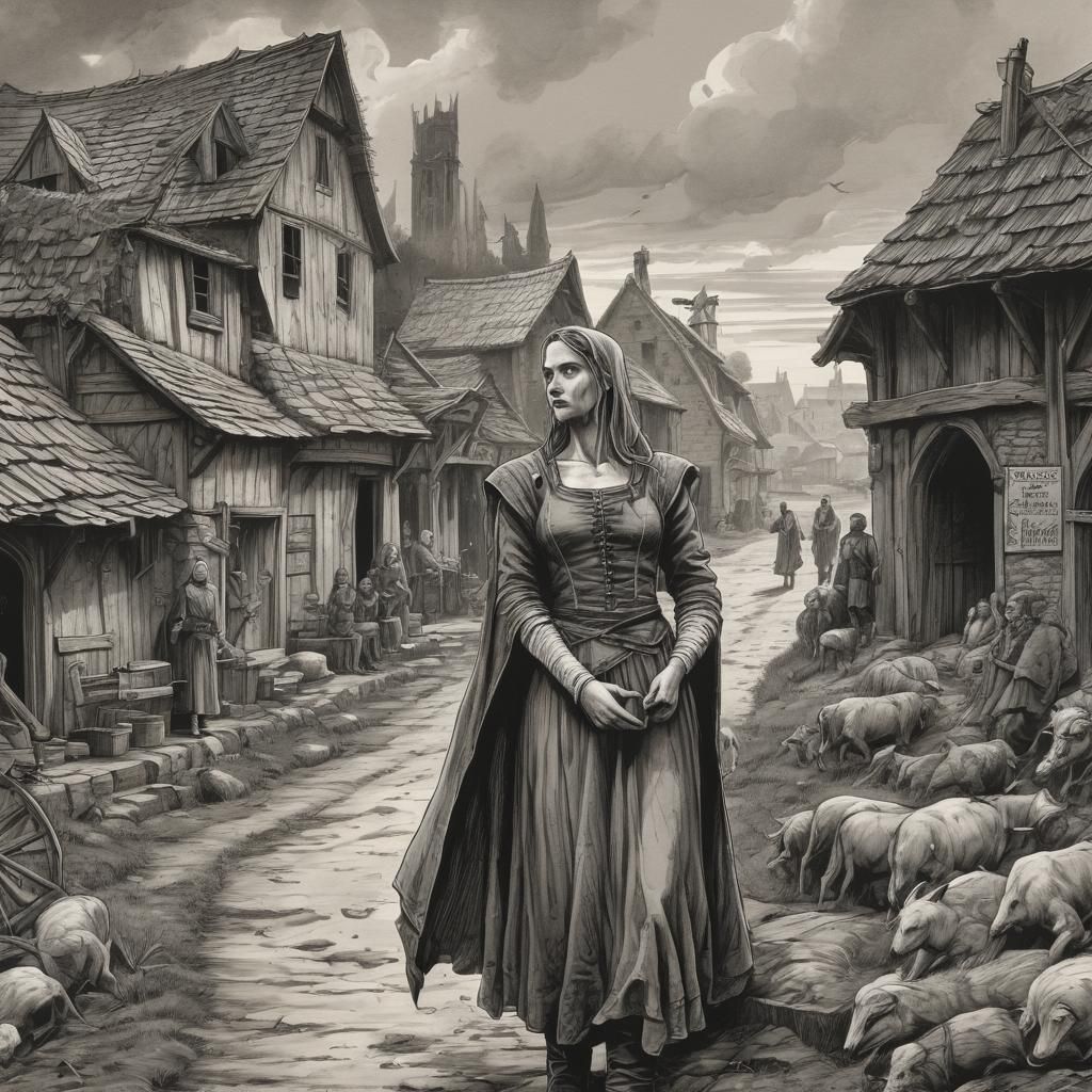 Deceitful Woman in Medieval Town, Dark Fantasy Art