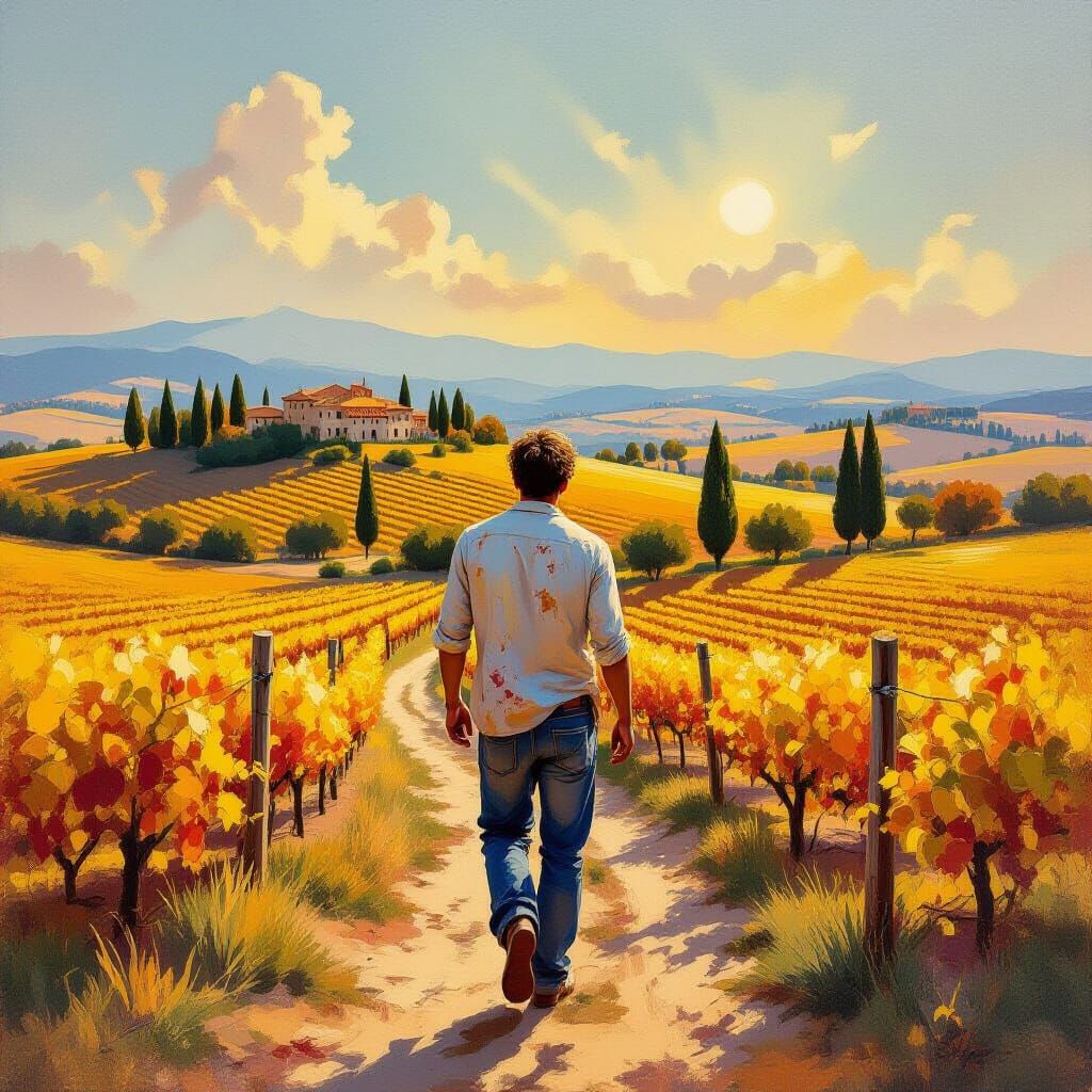 Artist Enters Tuscany Painting with Golden Sunlight