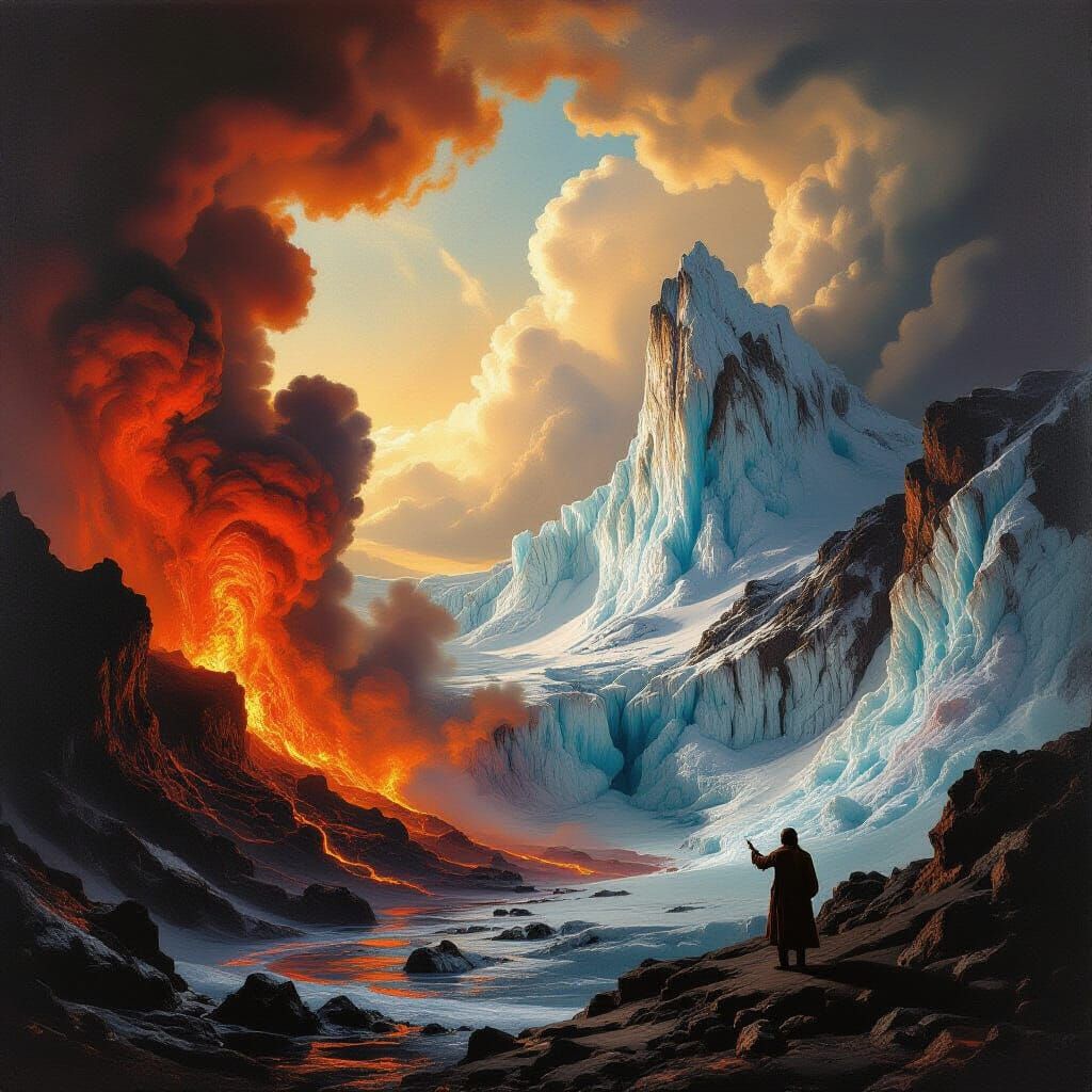 Baroque Volcanic Glacier Collision in Caravaggio Style