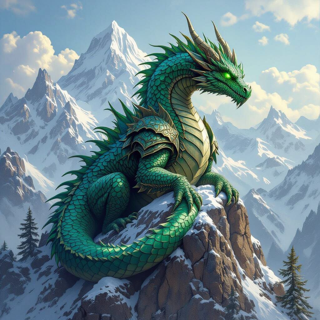 Emerald Dragon Perched on Snow Mountain in Fantasy Art Style
