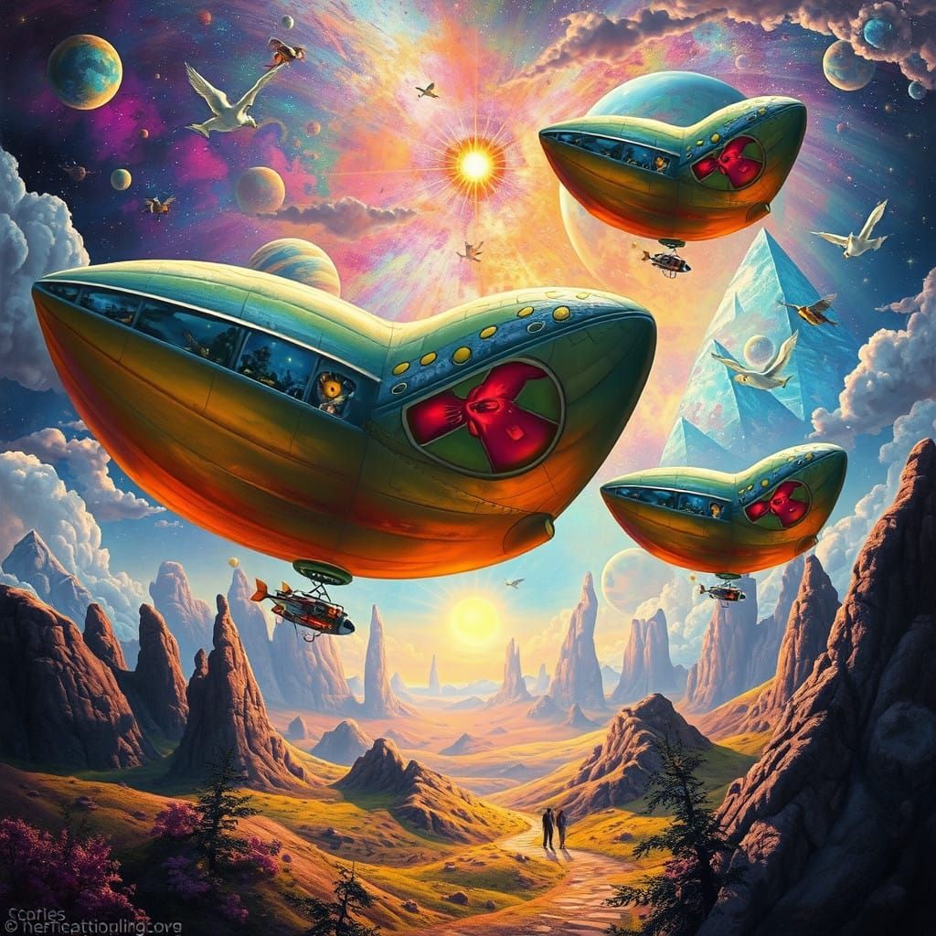 Surreal Cosmic Landscape with Ornithopters and Blimps in Vib...