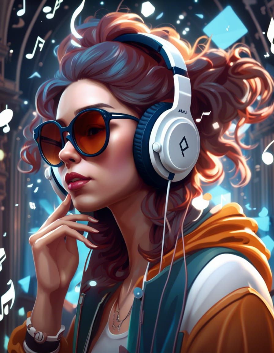 Hipster Girl Listening to Music, Detailed Matte Painting