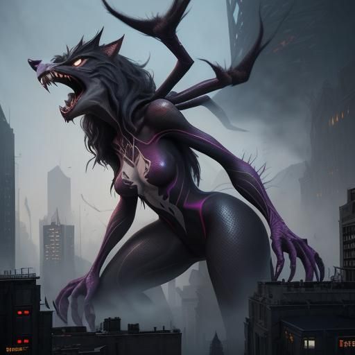 Giant Spider Gwen Werewolf Towering Over Buildings