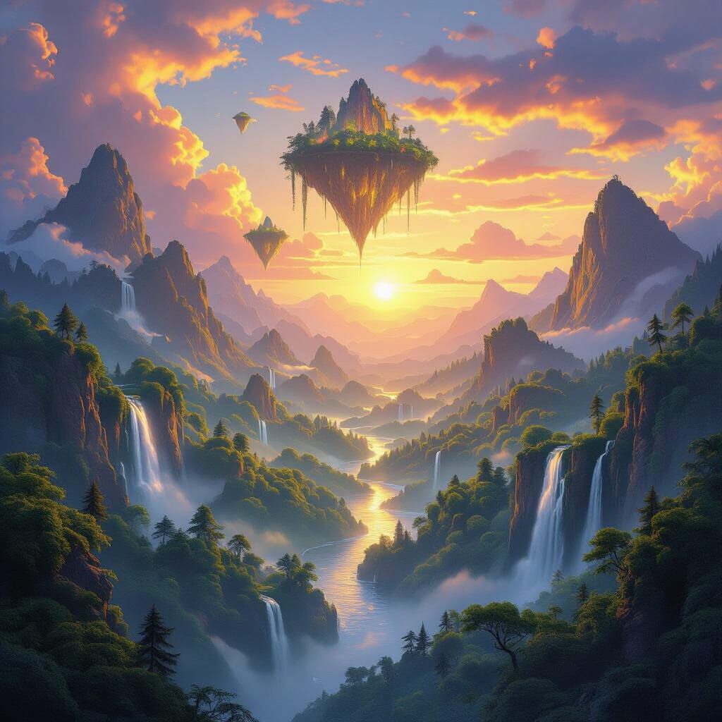 Epic Fantasy Landscape with Floating Islands and Waterfalls